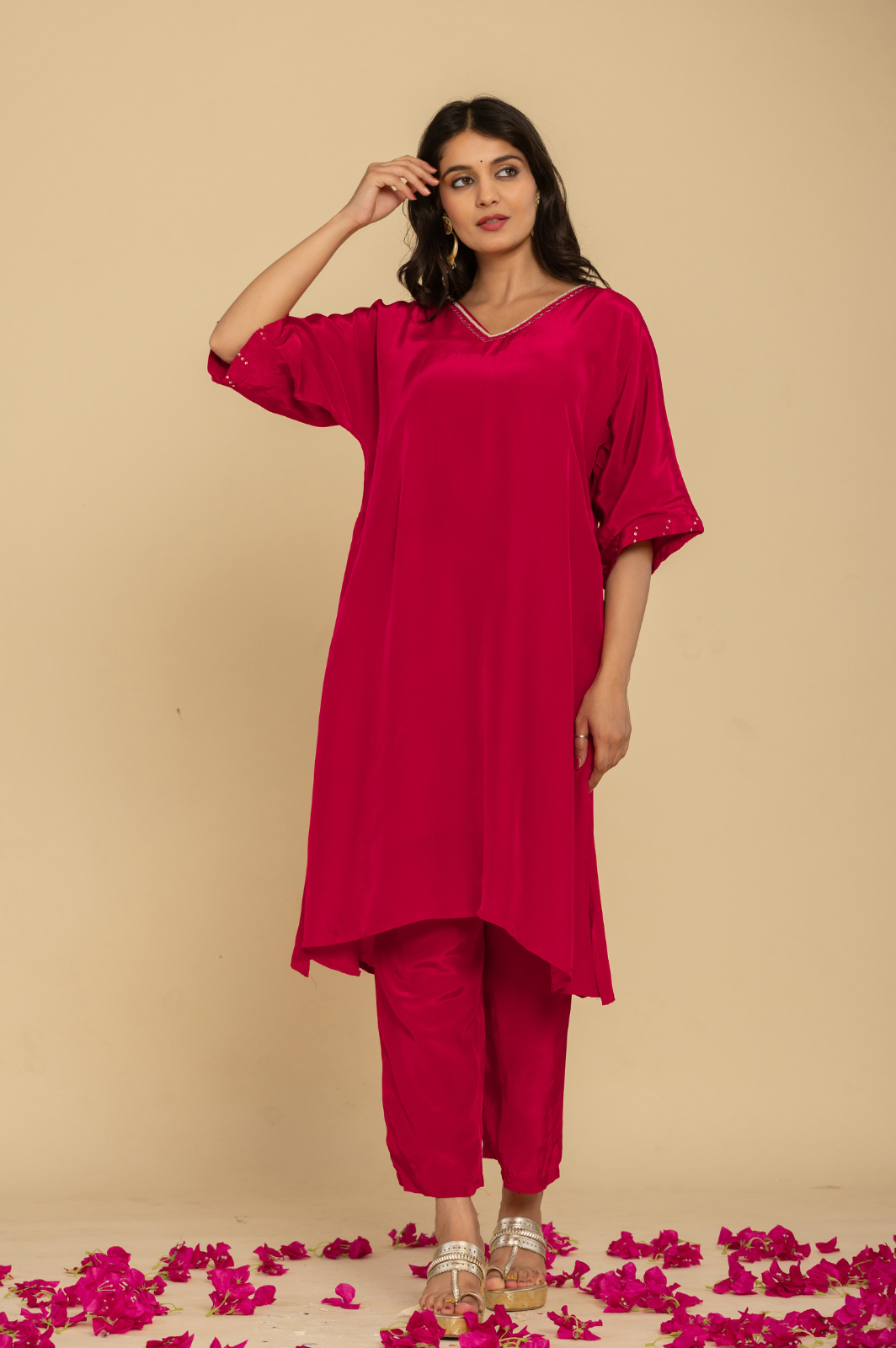 Solid pink crepe Kaftan set