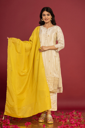 Shimmer white kurta set with yellow dupatta