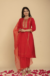 Muslin red kurta set with organza dupatta