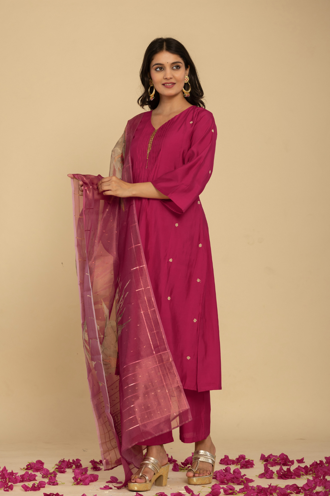 Muslin pleated embroidered pink kurta set with tisssue dupatta