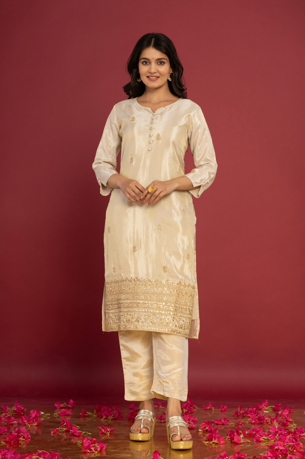 Shimmer white kurta set with pink dupatta