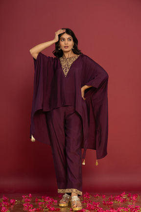 Purple asymmetric embroidered kaftan set