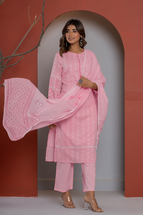 Pink cotton self textured kurta set