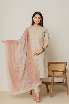 Flex cotton brown kurta set with striped dupatta