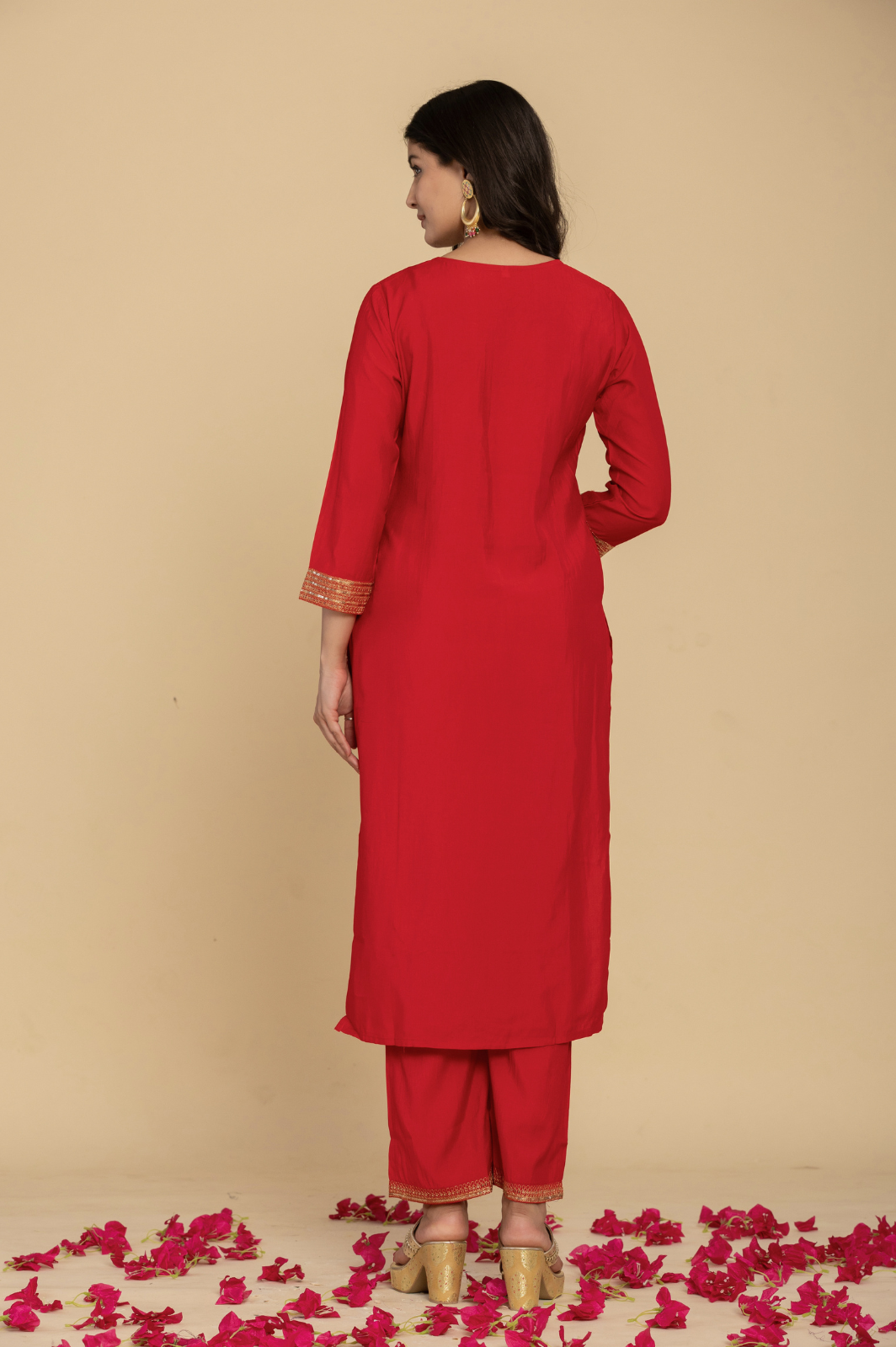 Muslin red kurta set with organza dupatta