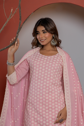 Self Embroidered pink cotton kurta set