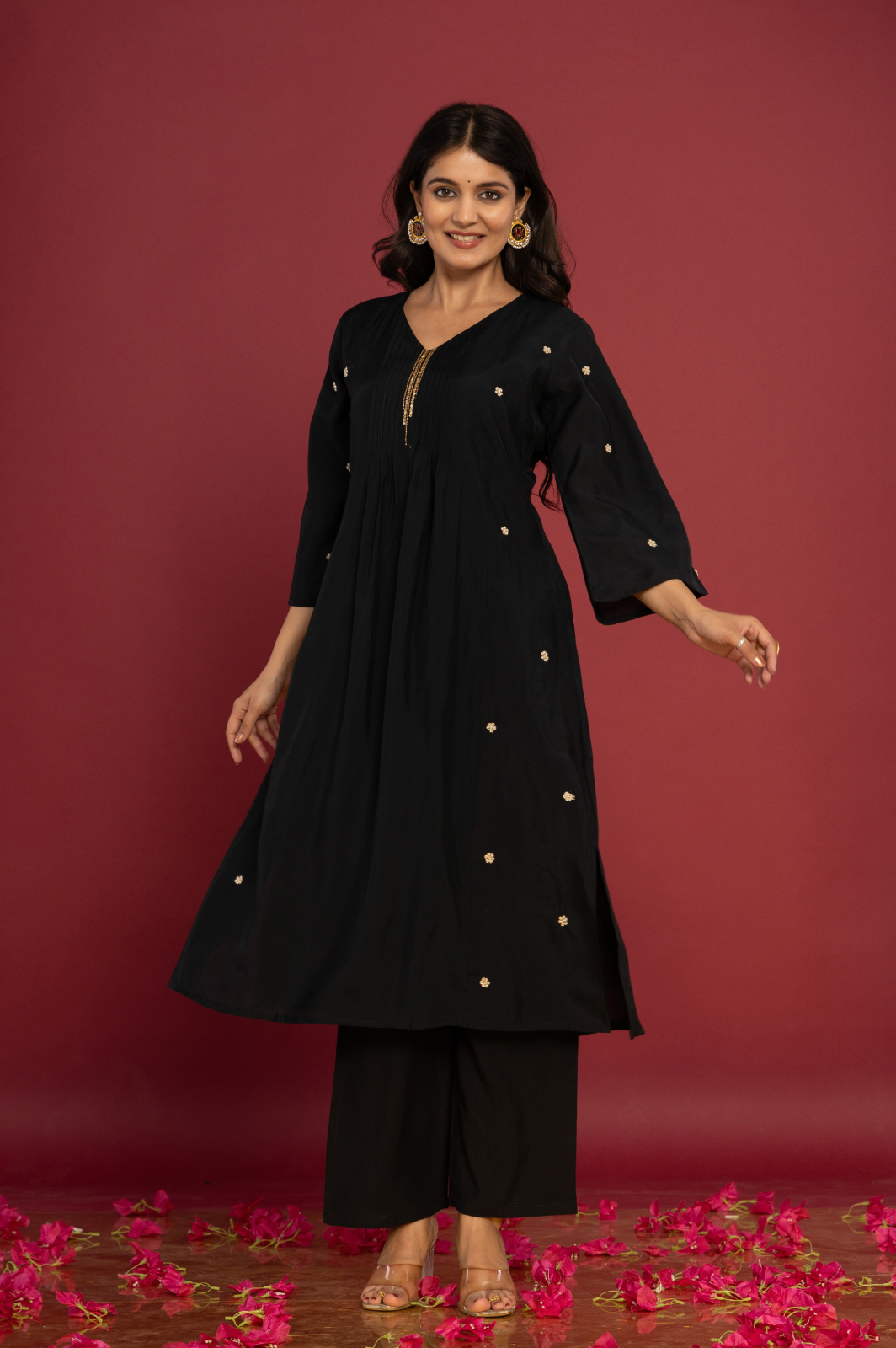 Muslin pleated embroidered black kurta set with tisssue dupatta