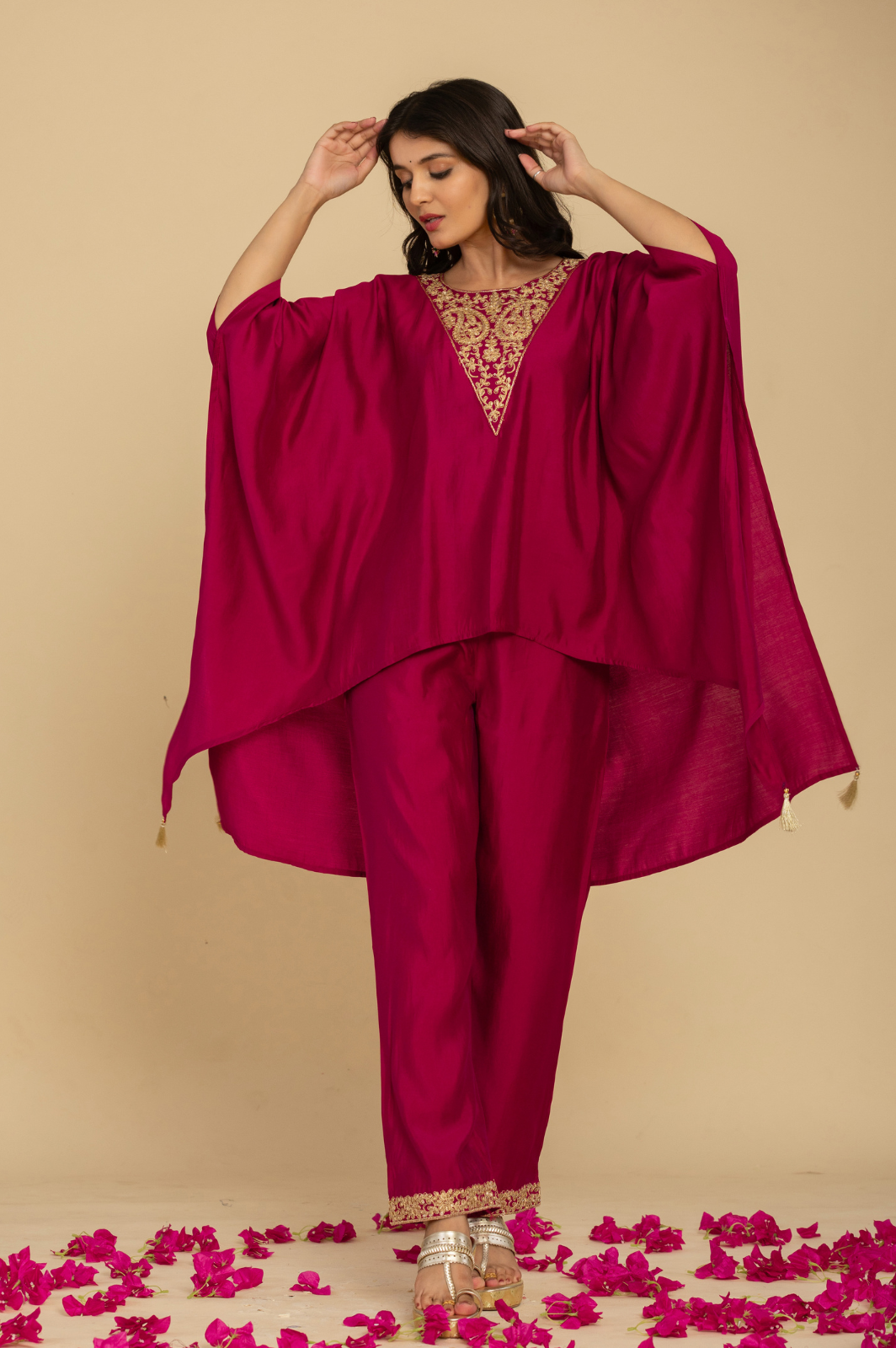 Pink asymmetric embroidered kaftan set