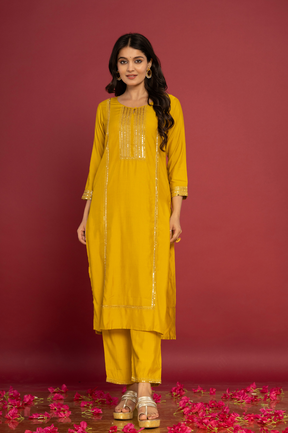 Muslin yellow kurta set with organza dupatta