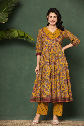 Mustard cotton printed anarkali kurta set