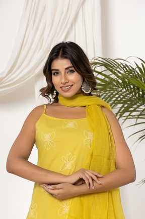 Sleeveless Floral printed yellow kurta set