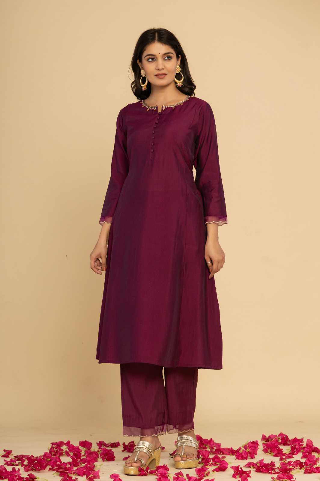 Solid purple A-line kurta set with brasso dupatta