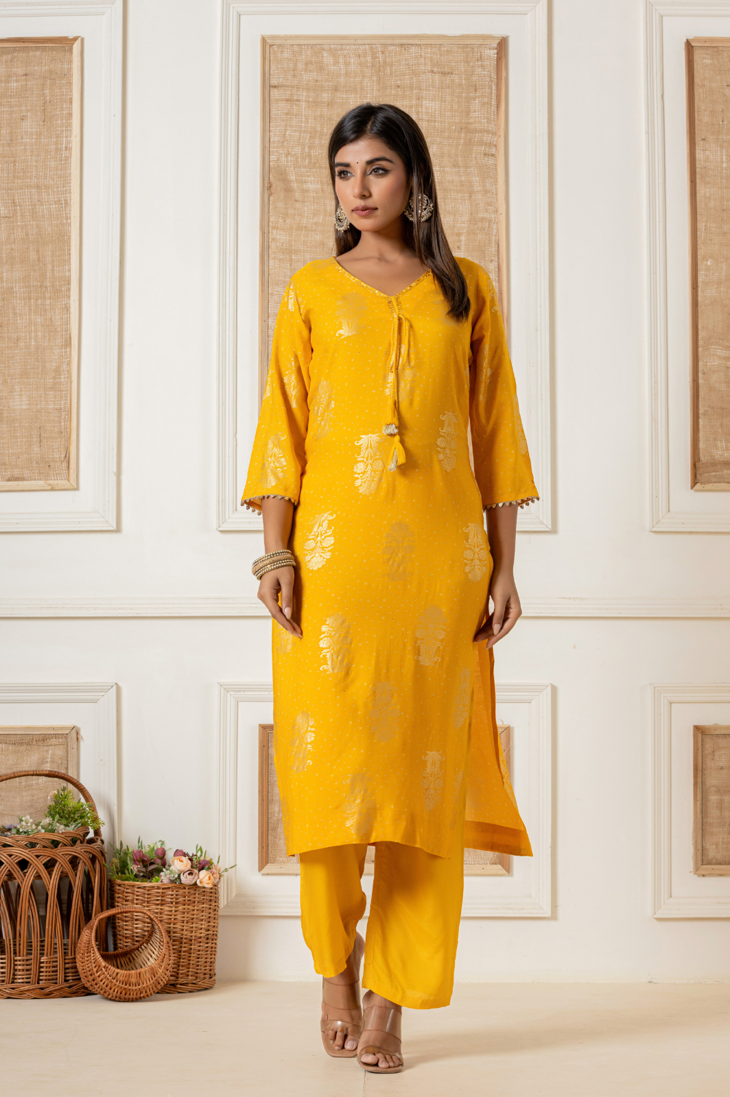 Muslin foil printed yellow kurta set with leheriya dupatta