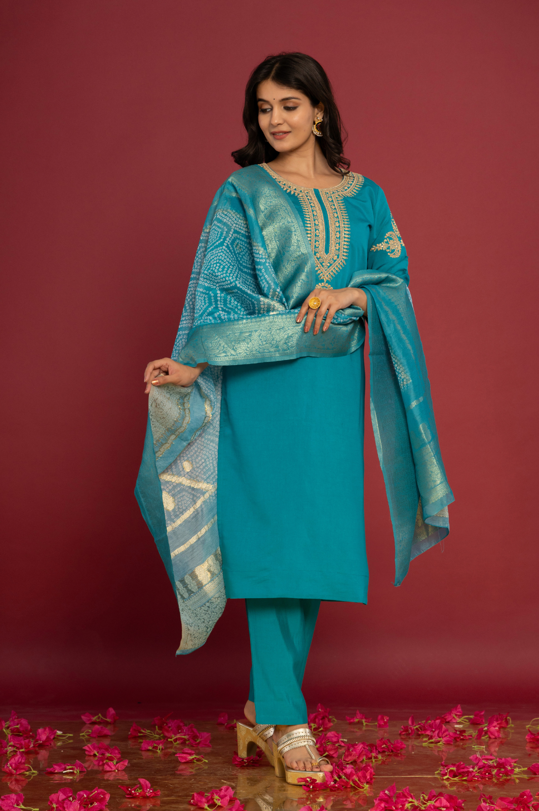 Muslin embroidered blue kurta set with bandhani dupatta