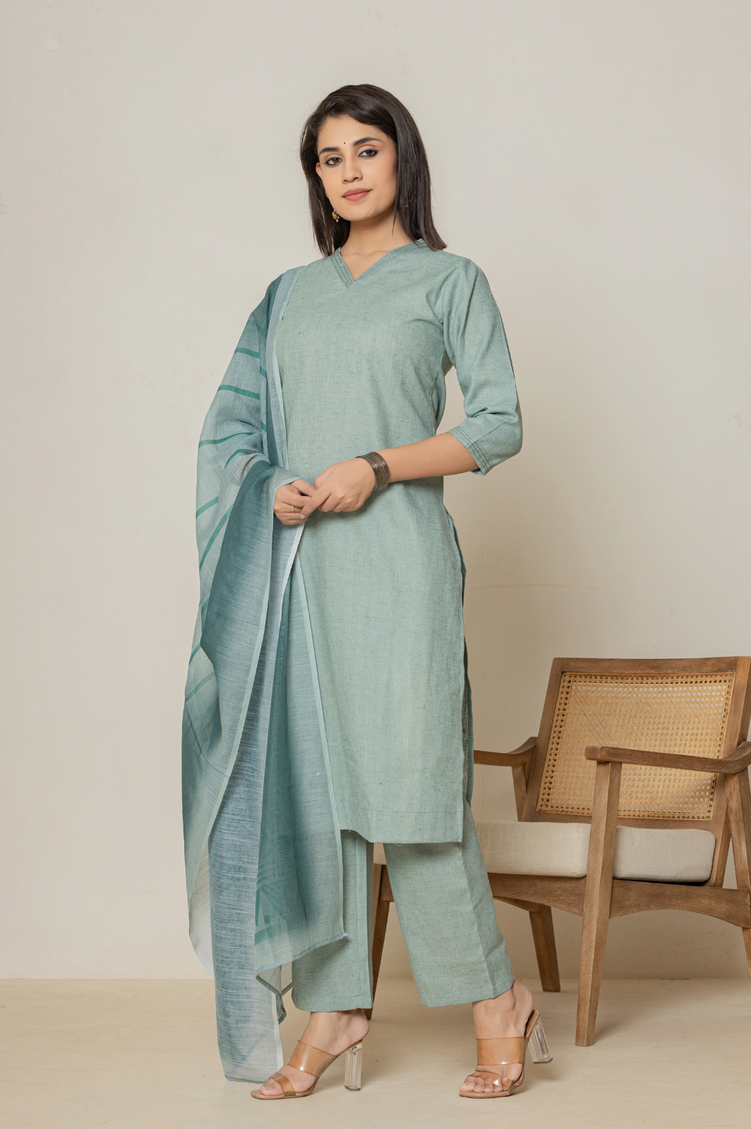 Flex cotton green kurta set with striped dupatta