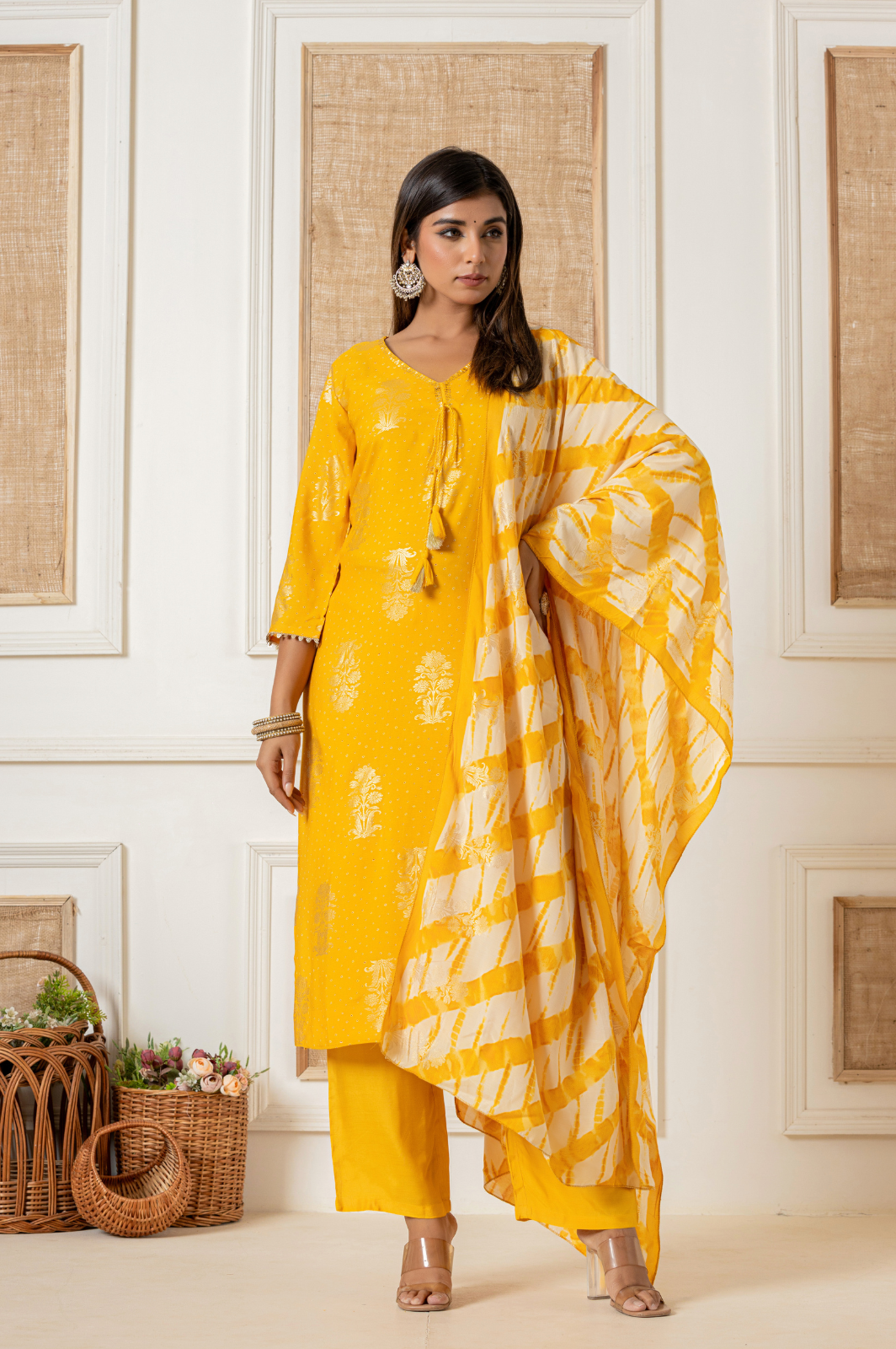 Muslin foil printed yellow kurta set with leheriya dupatta