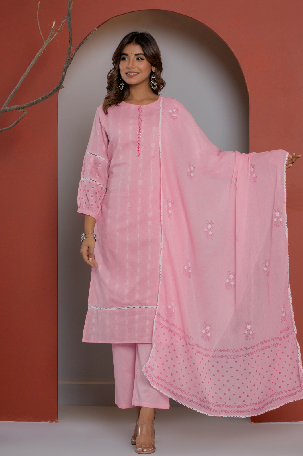 Pink cotton self textured kurta set