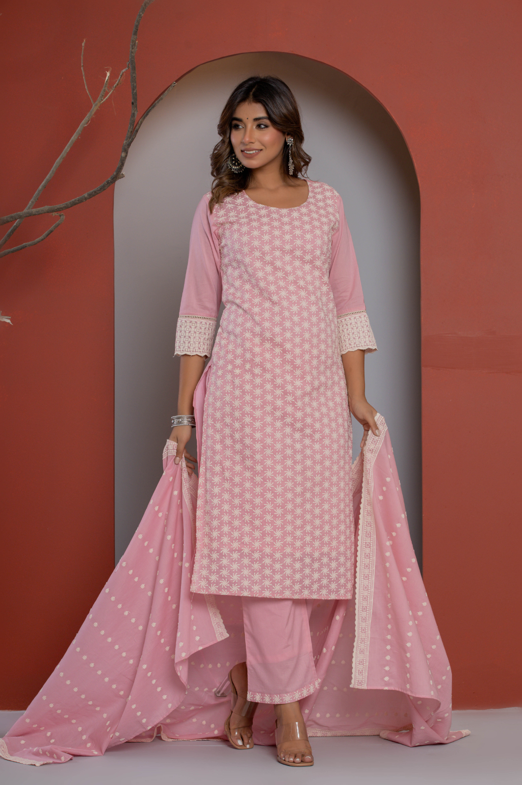 Self Embroidered pink cotton kurta set