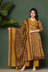 Mustard cotton printed anarkali kurta set