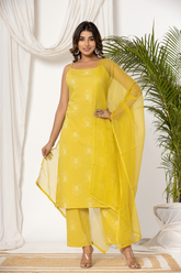 Sleeveless Floral printed yellow kurta set