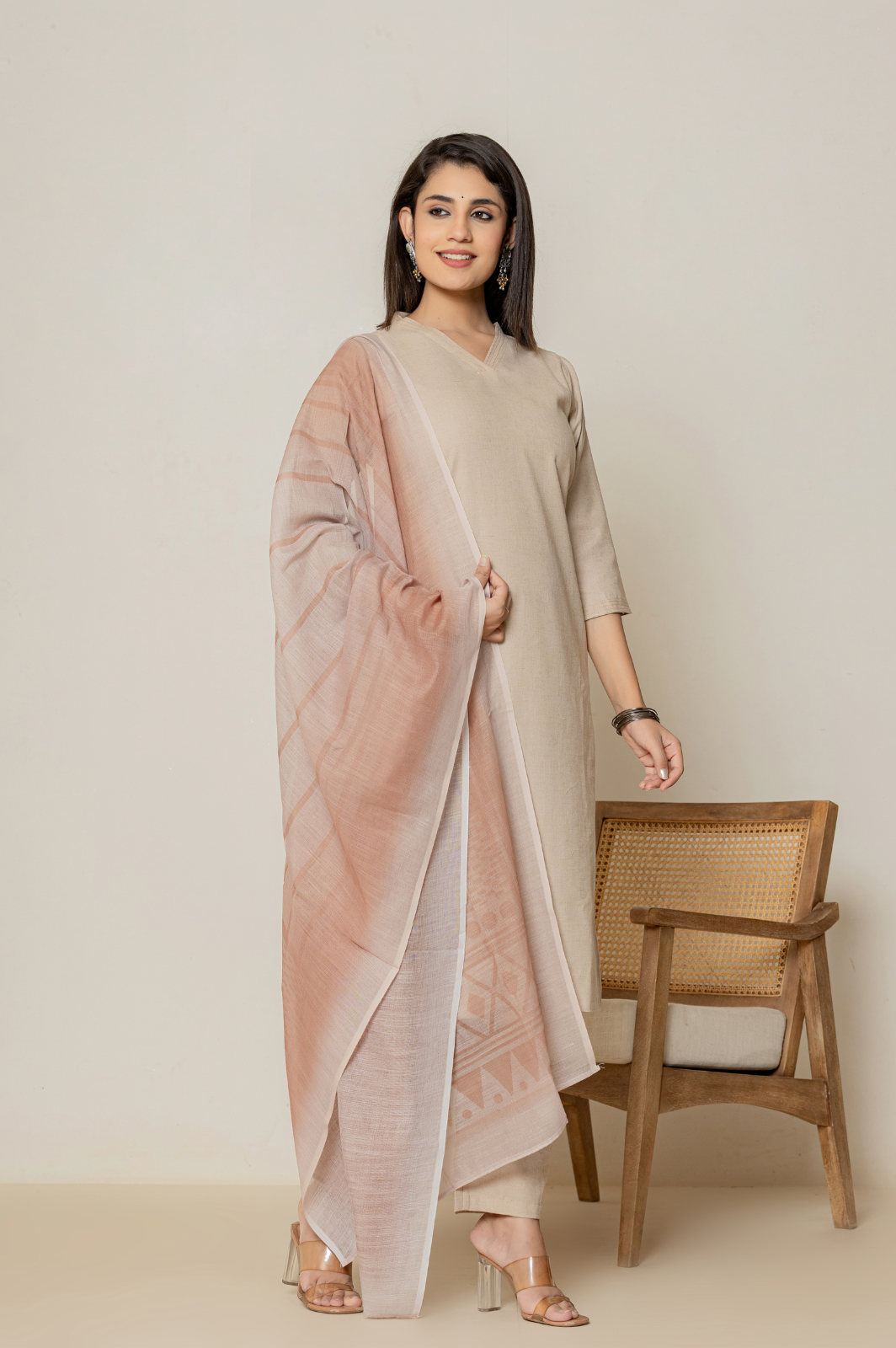 Flex cotton brown kurta set with striped dupatta