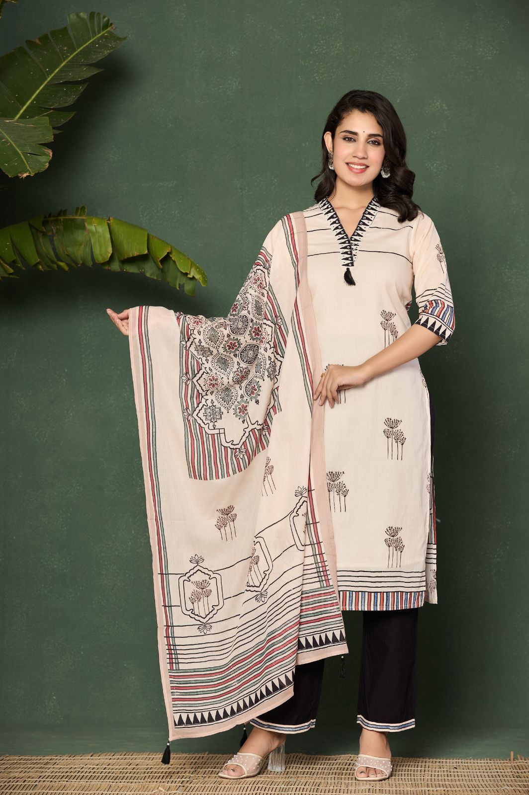 White cotton kurta set with blue stripe design