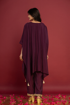 Purple asymmetric embroidered kaftan set