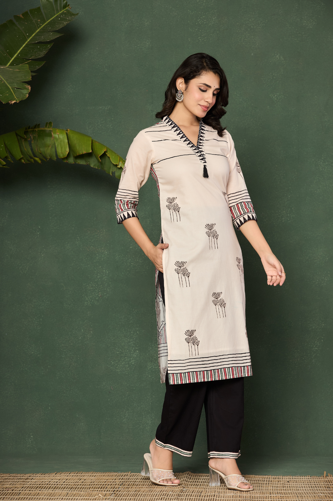 White cotton kurta set with green stripe design