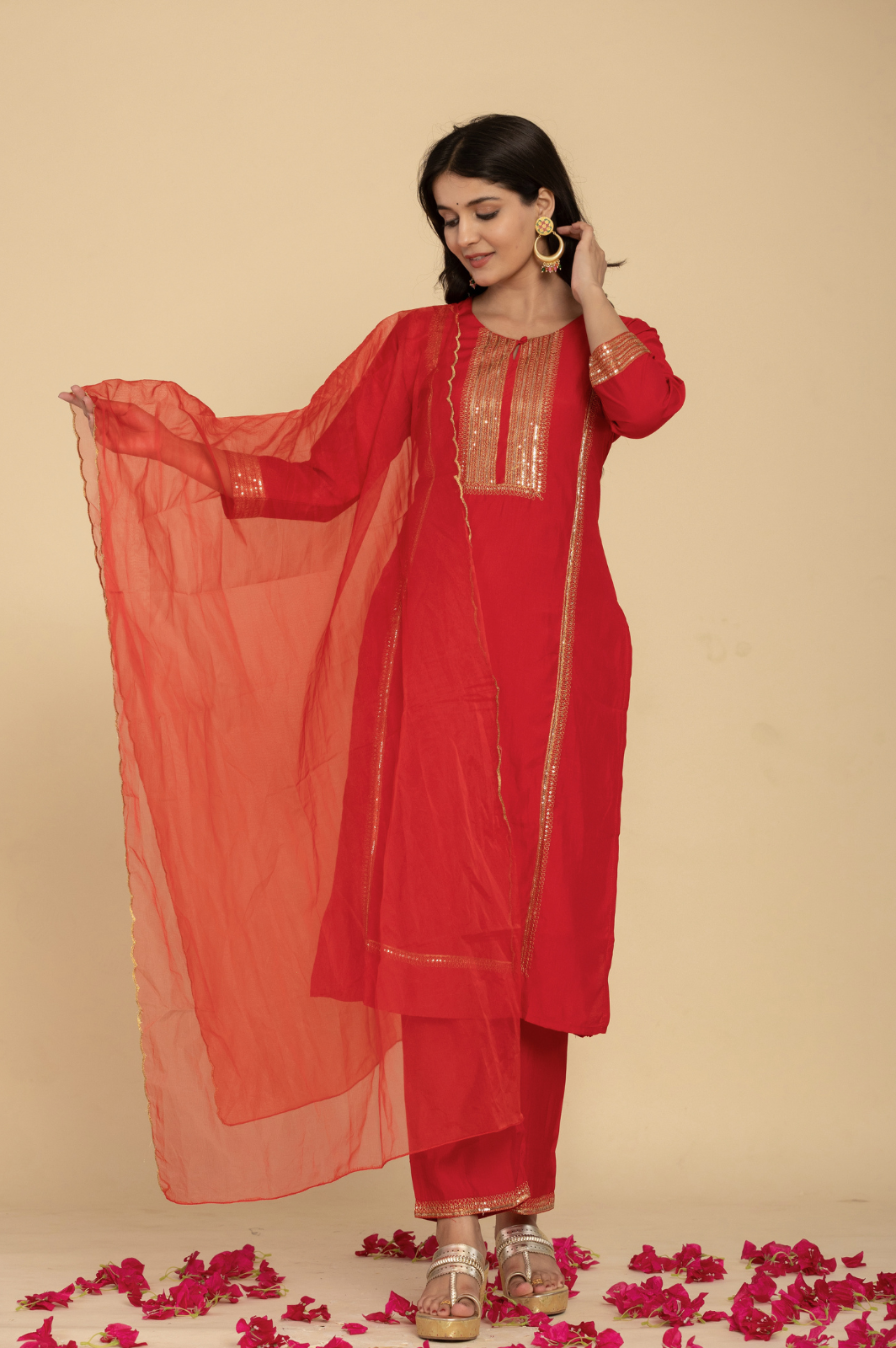 Muslin red kurta set with organza dupatta