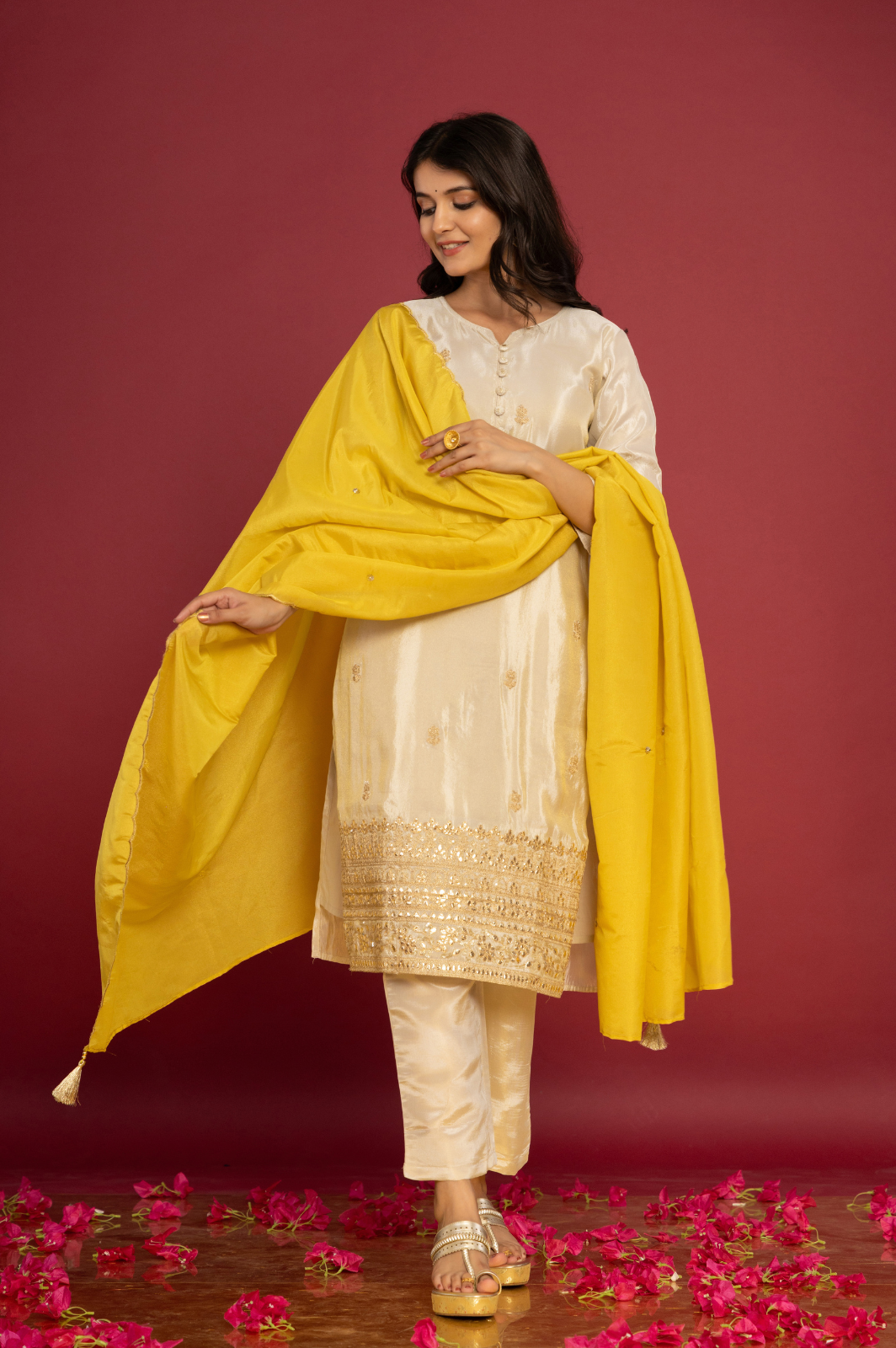 Shimmer white kurta set with yellow dupatta