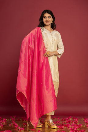 Shimmer white kurta set with pink dupatta