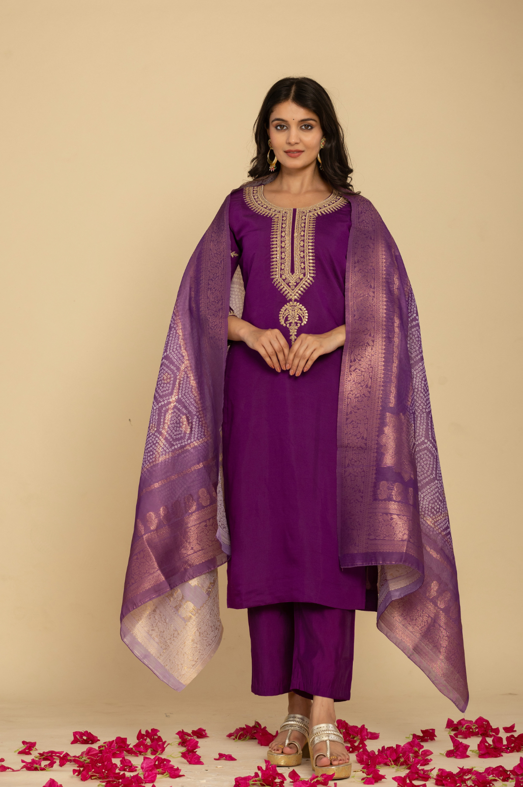 Muslin embroidered purple kurta set with bandhani dupatta