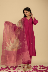 Muslin pleated embroidered pink kurta set with tisssue dupatta