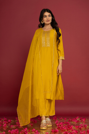 Muslin yellow kurta set with organza dupatta