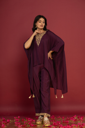 Purple asymmetric embroidered kaftan set