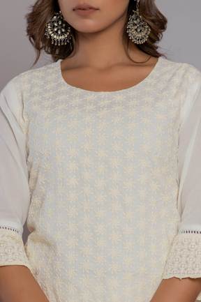 Self Embroidered white cotton kurta set