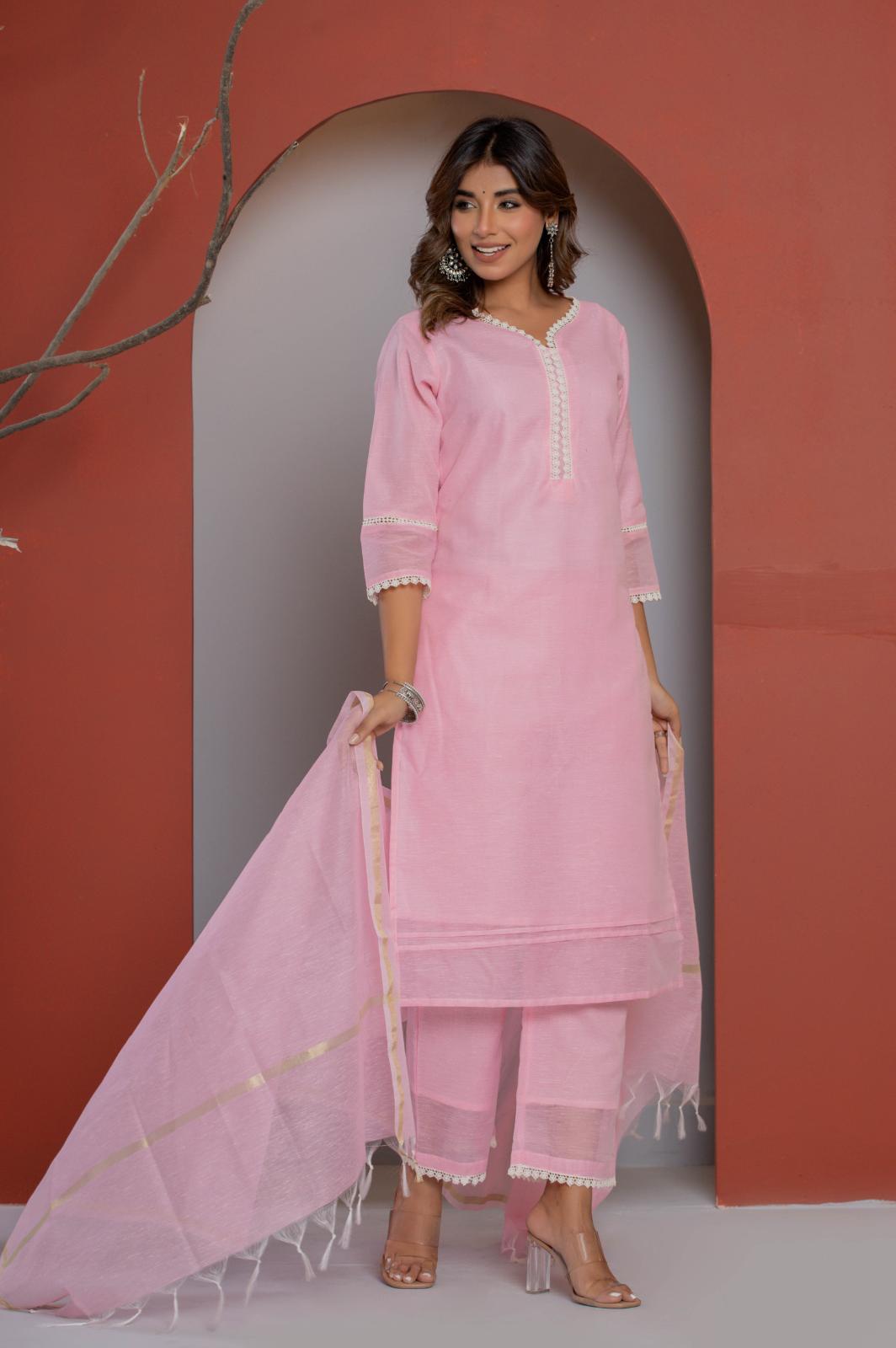 Cotton linen solid pink kurta set