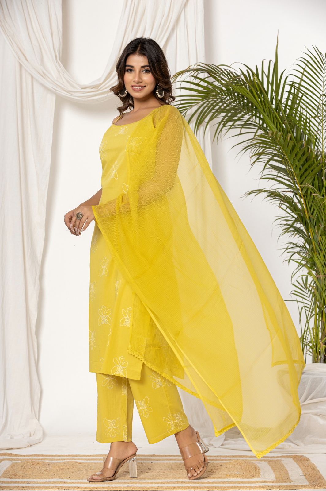 Sleeveless Floral printed yellow kurta set