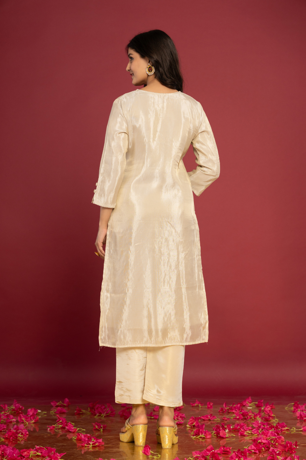 Shimmer white kurta set with yellow dupatta