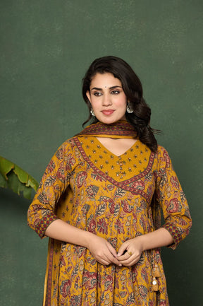 Mustard cotton printed anarkali kurta set