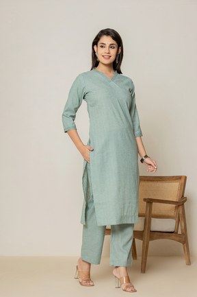 Flex cotton green kurta set with striped dupatta