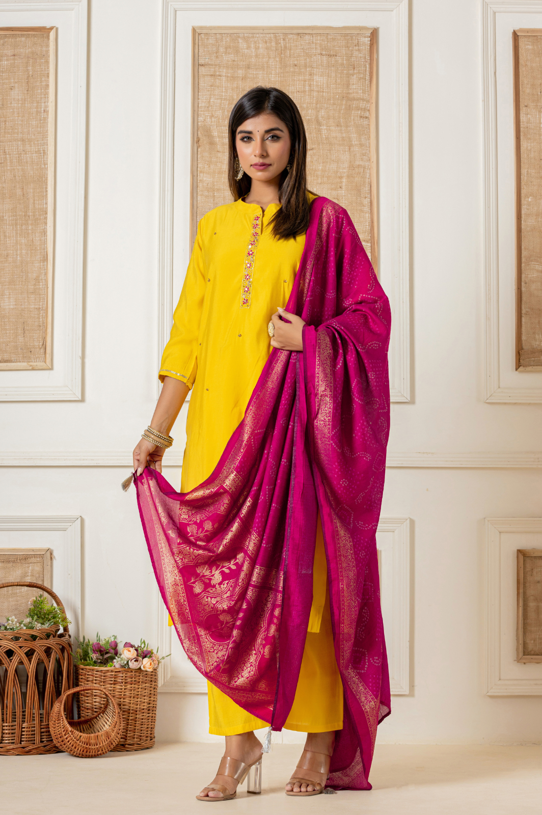 Muslin yellow kurta set with contrast bandhani dupatta