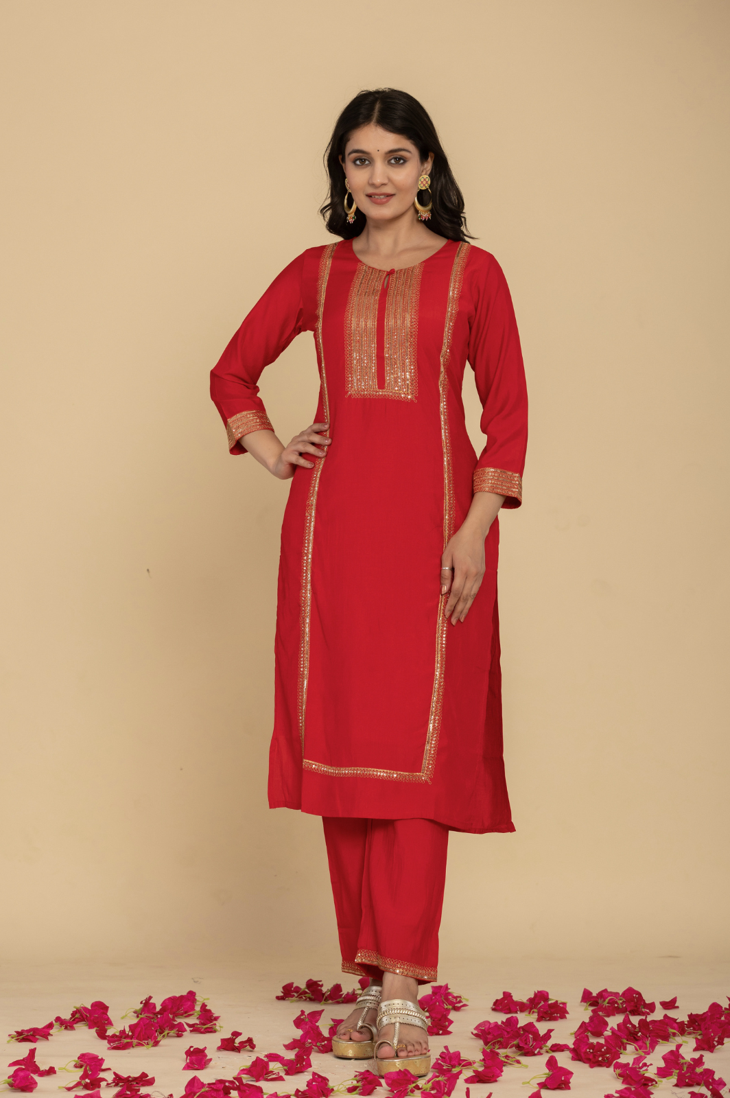 Muslin red kurta set with organza dupatta