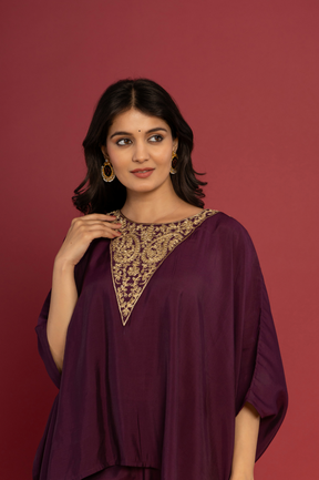 Purple asymmetric embroidered kaftan set