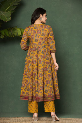 Mustard cotton printed anarkali kurta set