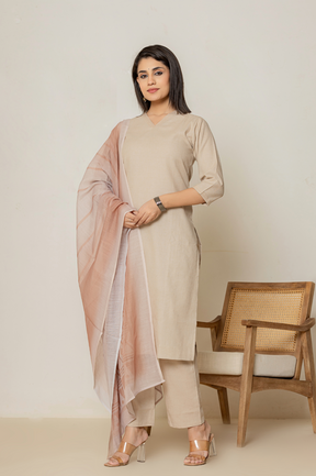 Flex cotton brown kurta set with striped dupatta