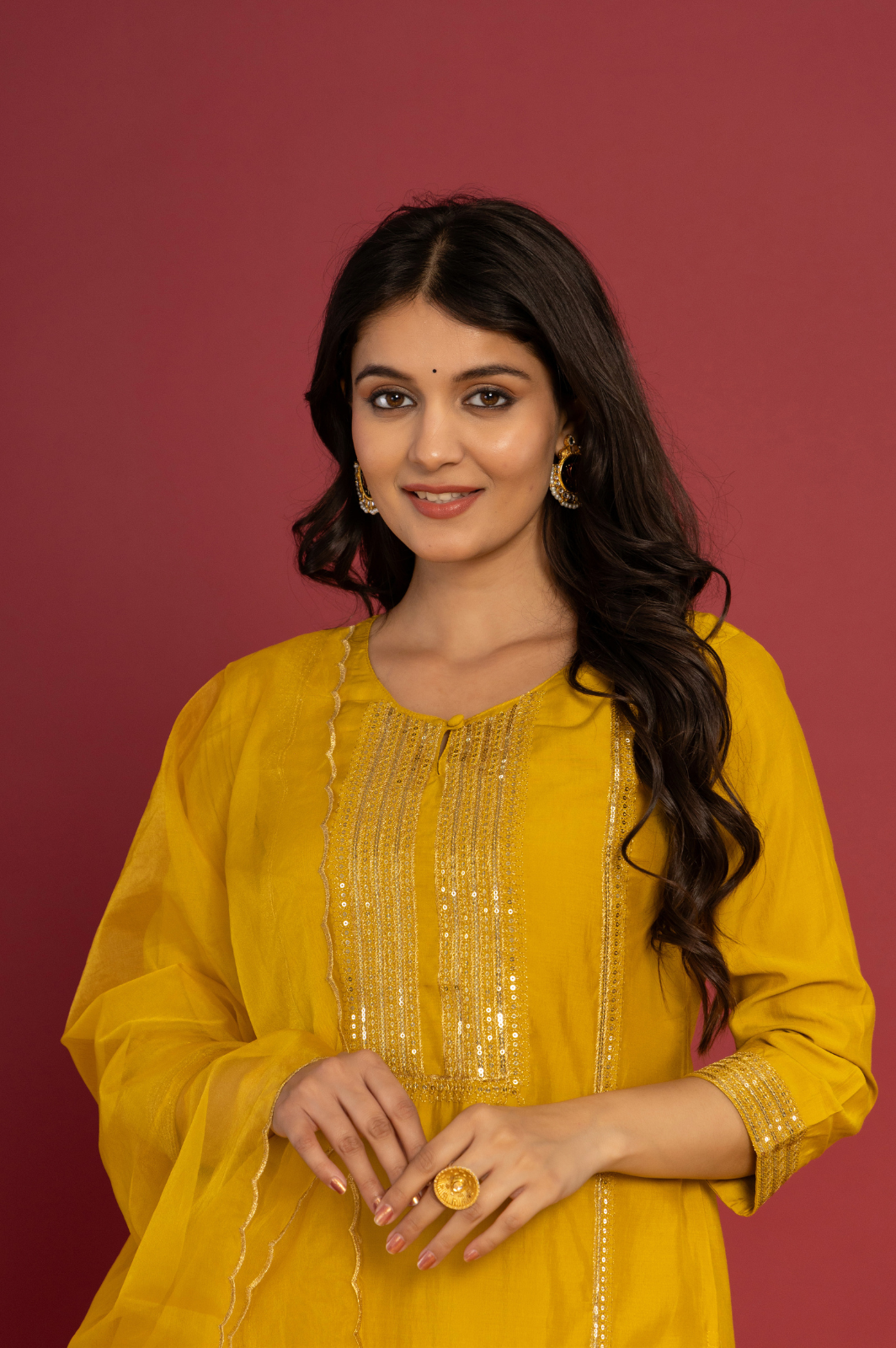 Muslin yellow kurta set with organza dupatta