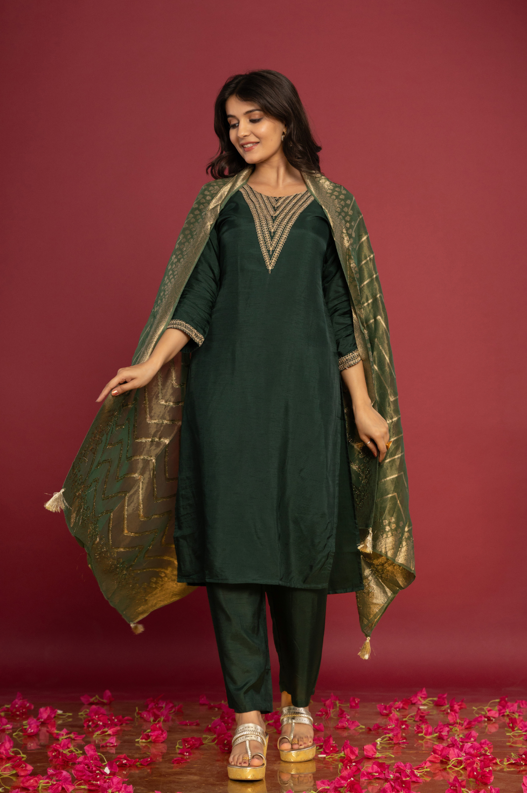 Solid green muslin kurta set with banarasi dupatta