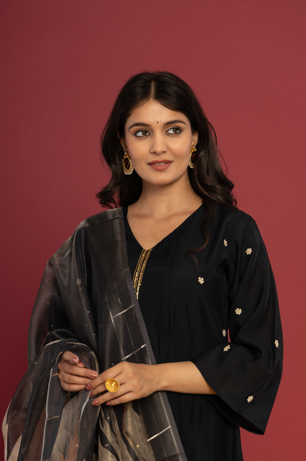 Muslin pleated embroidered black kurta set with tisssue dupatta