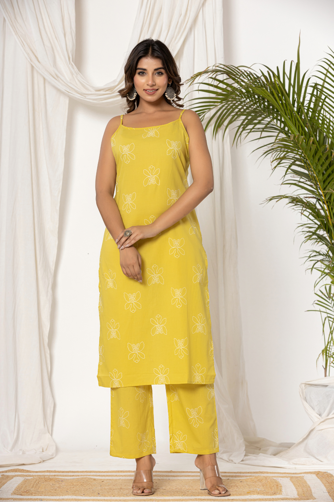 Sleeveless Floral printed yellow kurta set